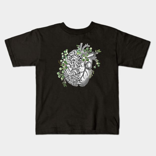 Half brain half heart, right balance between brain and heart, leaves eucalyptus, tied, laces, ribbon for tying Kids T-Shirt by Collagedream